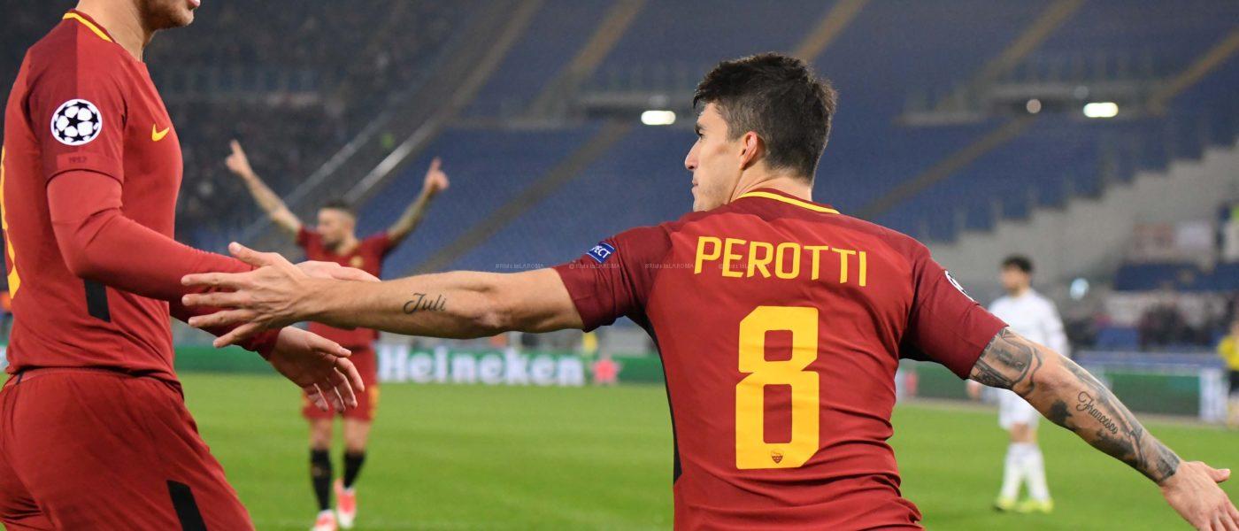 PEROTTI DOPO GOL 2 CON STROOTMAN ROMA QUARABAG