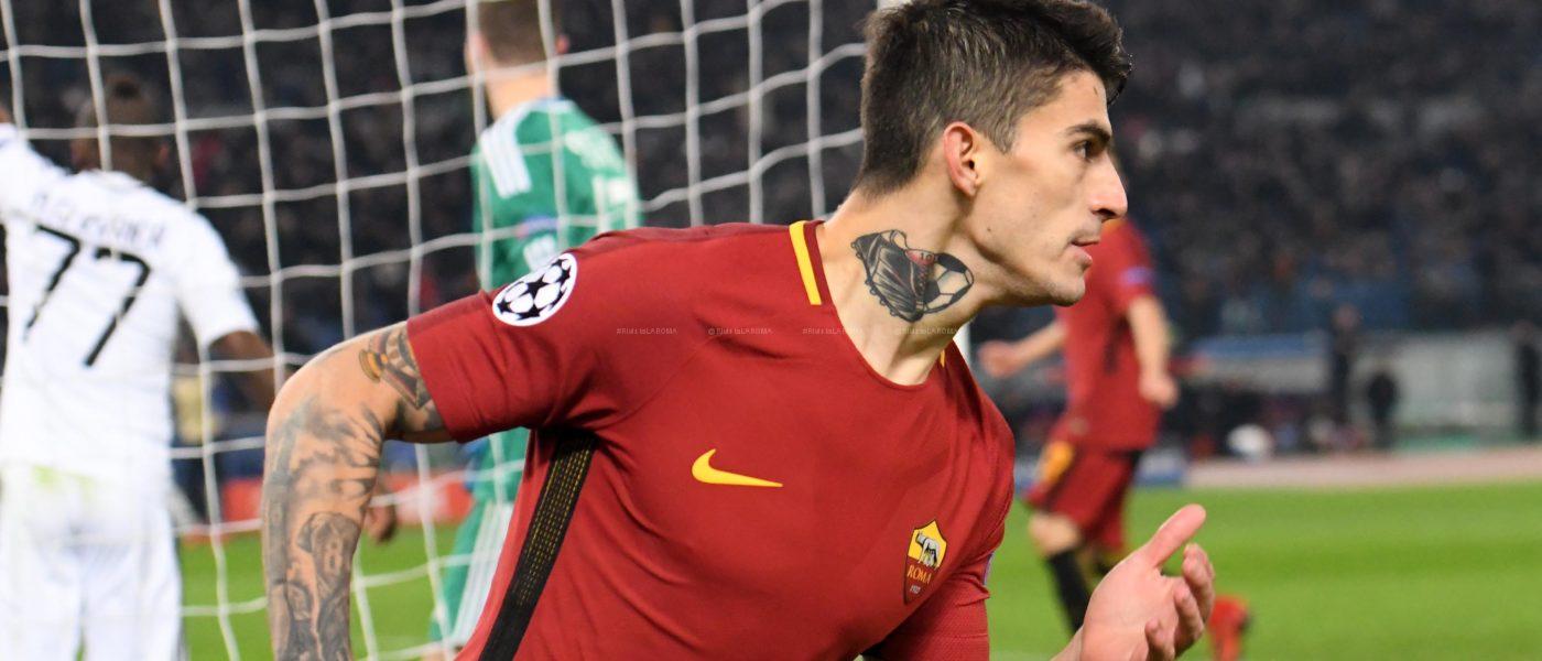 PEROTTI DOPO GOL 3 CON STROOTMAN ROMA QUARABAG